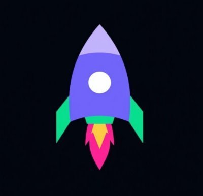 A colorful flat-design illustration of a purple rocket ship with green fins and pink exhaust flames on a dark background.