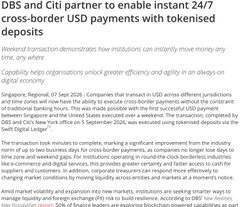 A DBS promotional graphic announcing their partnership with Citi to enable instant 24/7 cross-border USD payments using tokenized deposits, with accompanying text detailing that the weekend transaction demonstrates how institutions can instantly move money across borders, following a successful USD pilot in Singapore on August 7 and a New York office launch on September 1, 2025.