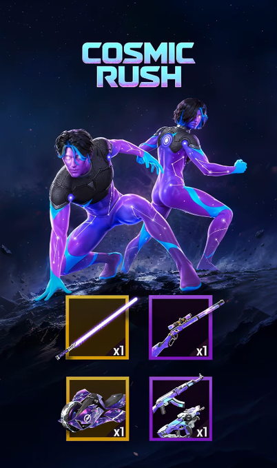 A video game promotional image titled 'COSMIC RUSH' featuring two futuristic figures in purple suits and displaying four in-game weapons and items.
