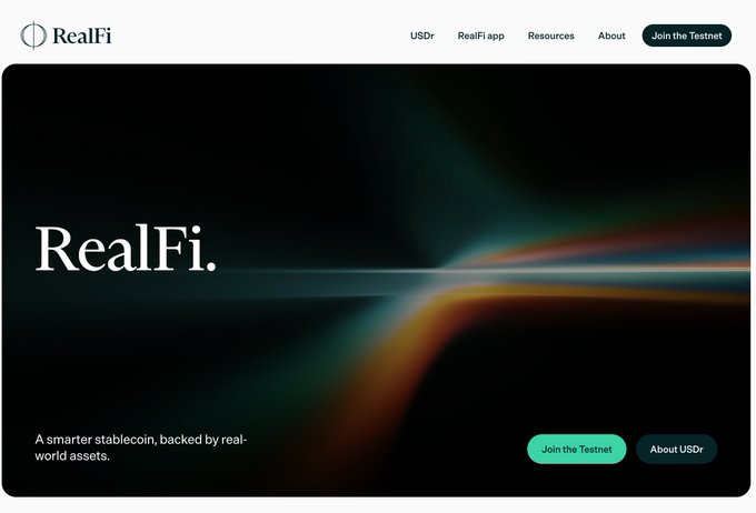 Screenshot of the RealFi website homepage featuring the tagline 'A smarter stablecoin, backed by real-world assets' with navigation links including 'USDr', 'RealFi app', and buttons to 'Join the Testnet' and 'About USDr'.