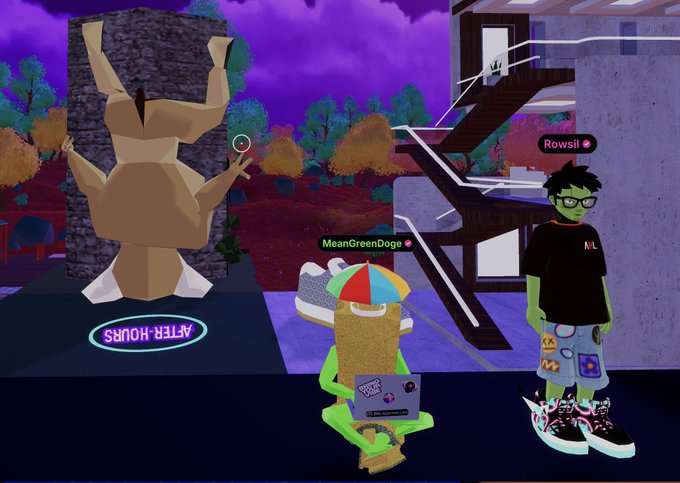 A screenshot from a virtual environment, possibly VRChat, showing two avatars labeled 'MeanGreenDoge' and 'Rowsil' near a statue in a purple-hued surreal setting.