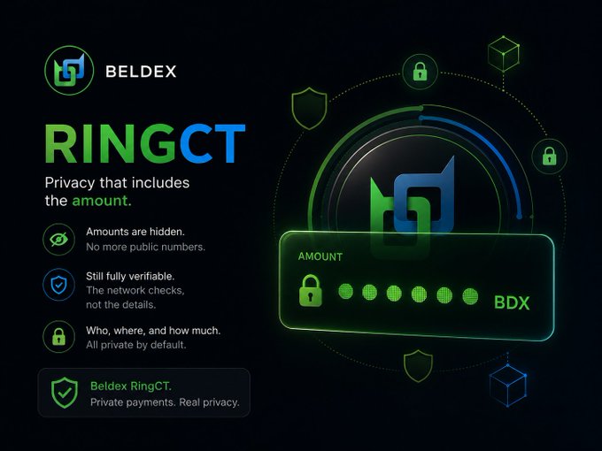 An advertisement for Beldex features their 'RINGCT' technology with the tagline 'Privacy that includes the amount,' highlighting features like hidden amounts and private payments using BDX.