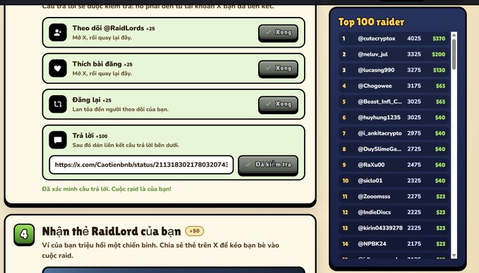 A Vietnamese RaidLord-style interface shows raid participation tasks and buttons labeled “Xong,” plus a “Top 100 raider” leaderboard with usernames, point totals, and green dollar amounts.