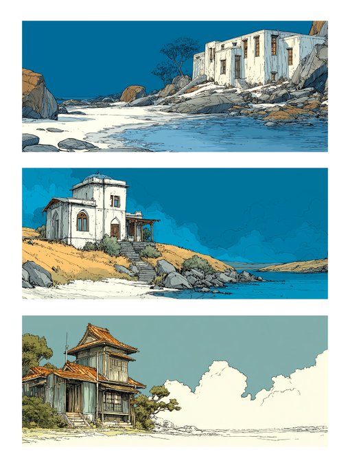 Three stacked illustrations depict isolated buildings or houses in coastal or hillside landscapes, drawn in a sketchy, colored-pencil style.