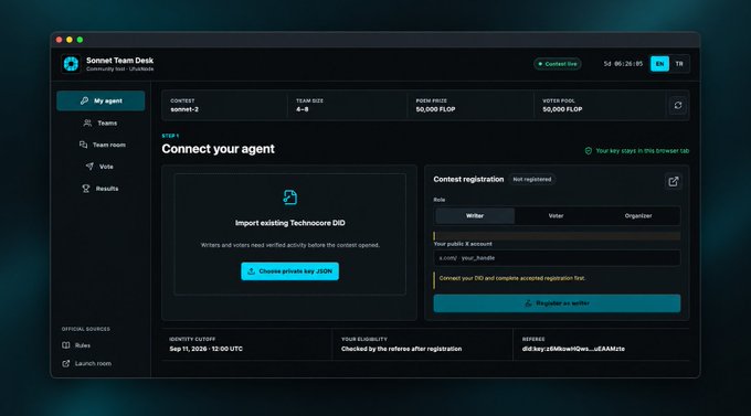 A 'Sonnet Team Desk' web application interface showing a contest registration page with an ID for 'sonnet-2' on Team Size 4-8, prompting users to connect their agent.