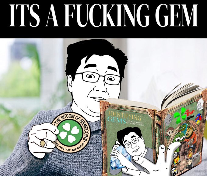 A meme captioned 'ITS A FUCKING GEM' featuring a cartoon figure of a man holding a book titled 'Identifying Gems' and a coin reading 'THE BITCOIN OF MEMECOINS', referencing the Gem memecoin.