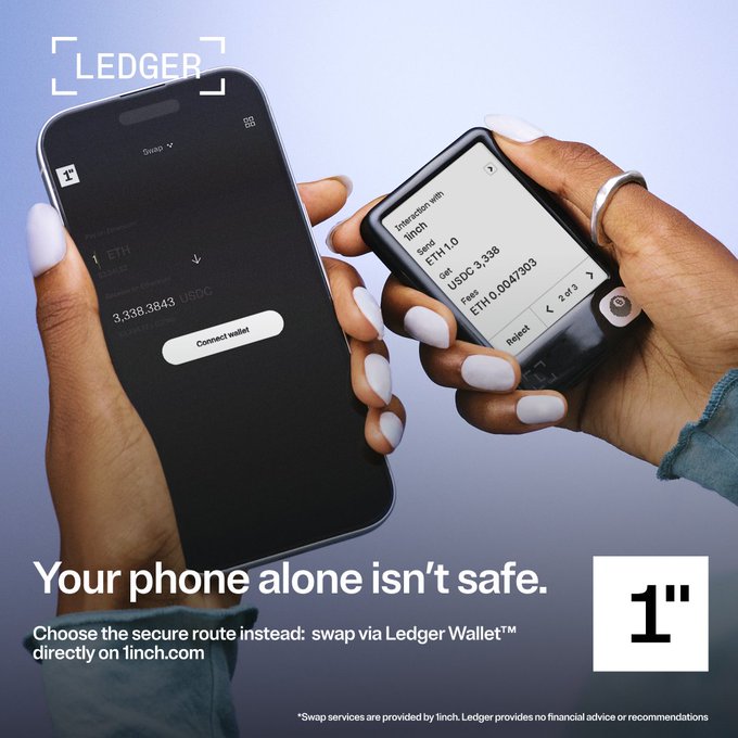 The image features two hands holding cell phones, with one of them displaying an app called Ledger Wallet. The text on the image encourages users not to use their phone alone as a security device, stating that it was never meant to be used for this purpose. Instead, they should connect Ledger Wallet directly to Ledger Wallet's wallet address and verify every swap using a separate secure screen. This will help ensure the authenticity of transactions and protect against potential fraud or unauthorized access to personal information.