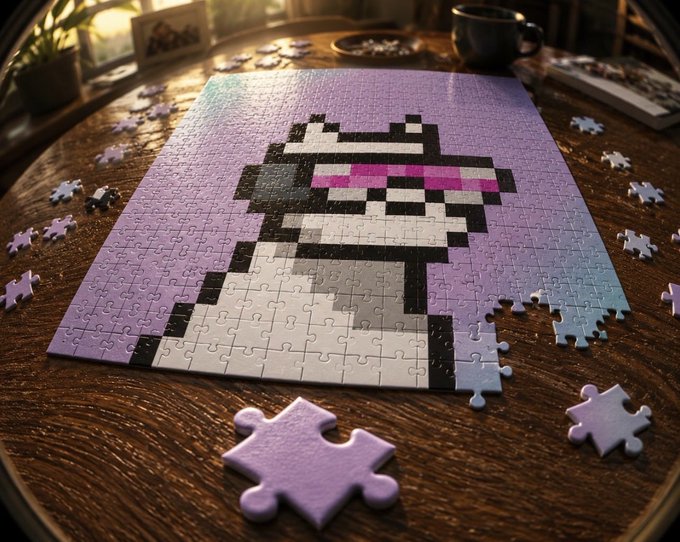 A partially completed jigsaw puzzle featuring a pixel art character with pink sunglasses on a purple background, scattered puzzle pieces resting on a wooden table next to a coffee cup.