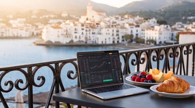A laptop displaying a crypto trading chart sits on a balcony table alongside a croissant and a plate of fruit, overlooking a coastal Mediterranean town.
