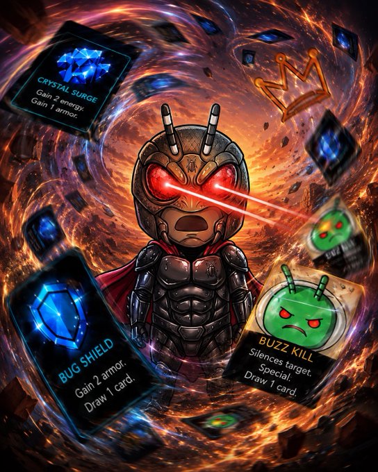 A fierce bug-like character in dark armor with glowing red eyes fires laser beams amid a swirling vortex of fiery orange and cosmic blue, surrounded by floating game cards displaying "CRYSTAL SURGE" (Gain 2 energy. Gain 1 armor), "BUG SHIELD" (Gain 2 armor. Draw 1 card), and "BUZZ KILL" (Silences target. Special. Draw 1 card). The image promotes The ChillBugs Web3 gaming project, showcasing the in-game combat mechanics and collectible card features highlighted in the post.