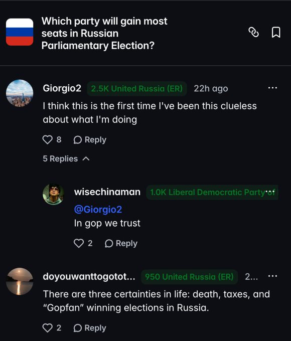 A TikTok comment thread discussing the Russian Parliamentary Election, showing users betting on United Russia (ER) and Liberal Democratic Party, with comments like 'In gop we trust' and 'There are three certainties in life: death, taxes, and "Gopfan" winning elections in Russia.'