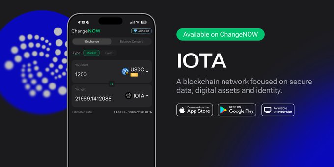 A promotional graphic for ChangeNOW featuring an iPhone mockup displaying an exchange from 1200 USDC to 21,669,141,208 IOTA at an estimated rate of 1 USDC = 18.0576176 IOTA, alongside the IOTA logo and text describing it as "a blockchain network focused on secure data, digital assets and identity," with download badges for the App Store, Google Play, and the ChangeNOW website.
