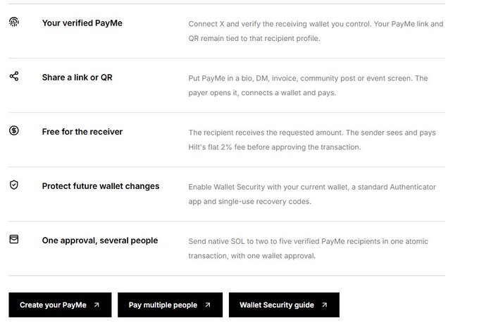 A digital interface displays features for a payment service, listing options like 'Your verified PayMe', 'Share a link or QR', 'Free for the receiver', 'Protect future wallet changes', and 'One approval, several people'.