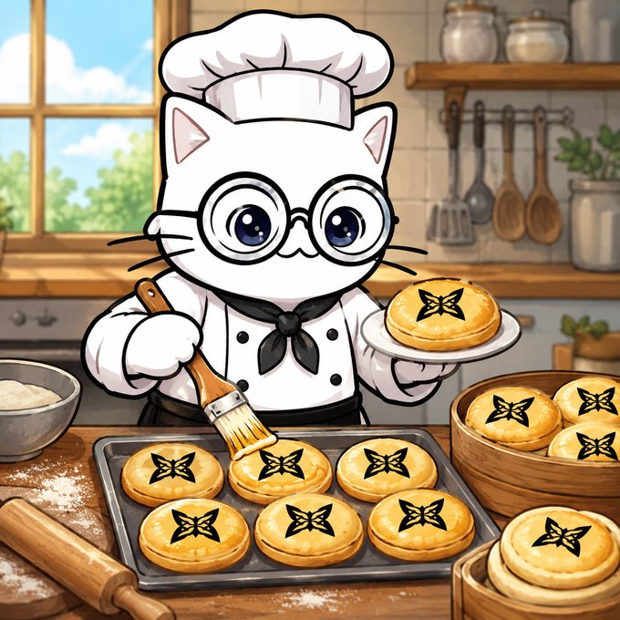 The image features a cartoon cat wearing a chef's hat and glasses standing at a kitchen counter with a tray of cookies. The cat appears to be cooking or baking, holding a cookie on its hand while surrounded by various kitchen items such as bowls, spoons, and a rolling pin.
