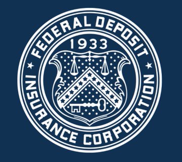 The image displays the official seal of the Federal Deposit Insurance Corporation (FDIC), established in 1933, featuring its iconic shield with scales of justice and a key design on a navy blue background. The seal connects to the breaking news by symbolizing the FDIC's role as the federal agency that took over Nano Banc following its failure in California.