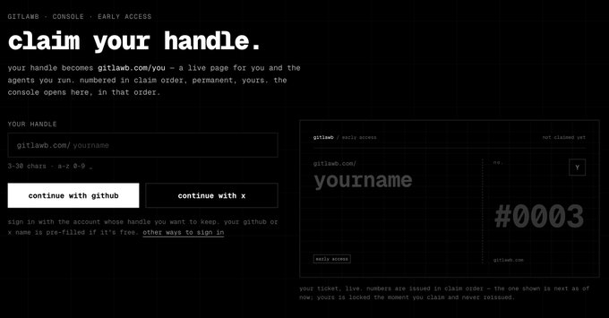 The image shows the Gitlawb console early access signup page featuring a "claim your handle" form with a sample preview ticket #0003 assigned to the handle "yourname" at gitlawb.com/youname.