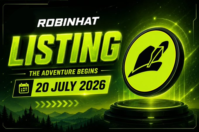 A promotional graphic announcing 'ROBINHAT LISTING - THE ADVENTURE BEGINS' on '20 JULY 2026' with a green feather/leaf logo.