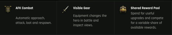 The image displays three game feature panels titled "AFK Combat," "Visible Gear," and "Shared Reward Pool," with descriptions of automatic gameplay, visible equipment changes, and shared spending rewards respectively. In the context of the post about an upcoming PvP mode and player interest in RWA (Real World Asset) integration, these features appear to outline core PvE mechanics of the game, suggesting that a PvP mode and RWA assets would be new additions to this established gameplay loop.