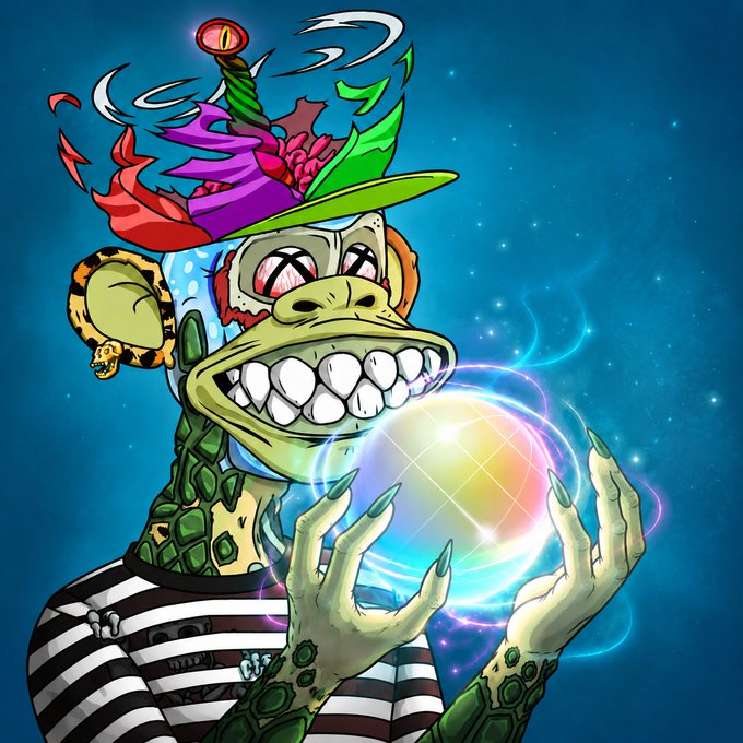 A colorful psychedelic cartoon illustration of a crazed-looking ape/duck hybrid character with XX eyes wearing a striped shirt and a vibrant feathered hat, holding a glowing crystal ball against a starry space background.