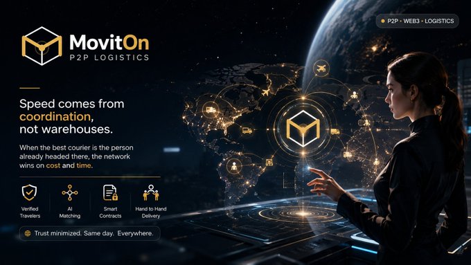 Promotional image for MovitOn P2P Logistics, a Web3 logistics platform, featuring the tagline 'Speed comes from coordination, not warehouses' with icons for verified travelers, AI matching, smart contracts, and hand-to-hand delivery.