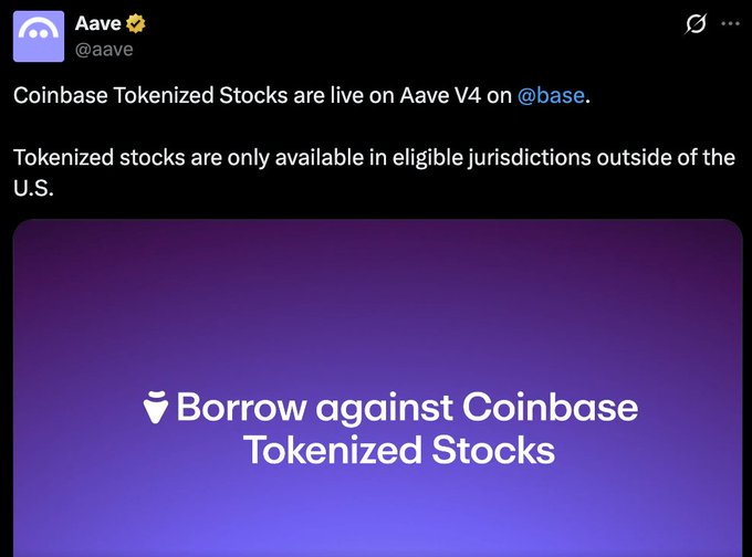 A tweet from Aave (@aave) announces that Coinbase Tokenized Stocks are now live on Aave V4 on Base, with a graphic reading "Borrow against Coinbase Tokenized Stocks," noting availability is limited to eligible non-U.S. jurisdictions. The post highlights the partnership allowing non-US investors to use tokenized stocks like AAPLc, GOOGLc, and METAc as lending collateral.