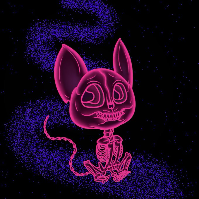 A neon pink x-ray style illustration of a cartoonish dog skeleton with large ears and big eyes sitting on a dark, starry purple background.