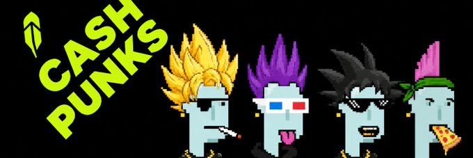 The image features a banner for "CASH PUNKS" in bold yellow-green text, displaying four pixel-art zombie-like characters with colorful spiky hair (yellow, purple, black, and pink), each with distinct accessories like 3D glasses, sunglasses, and pizza slices, tying into the NFT giveaway promotion for the Cash Punks collection.
