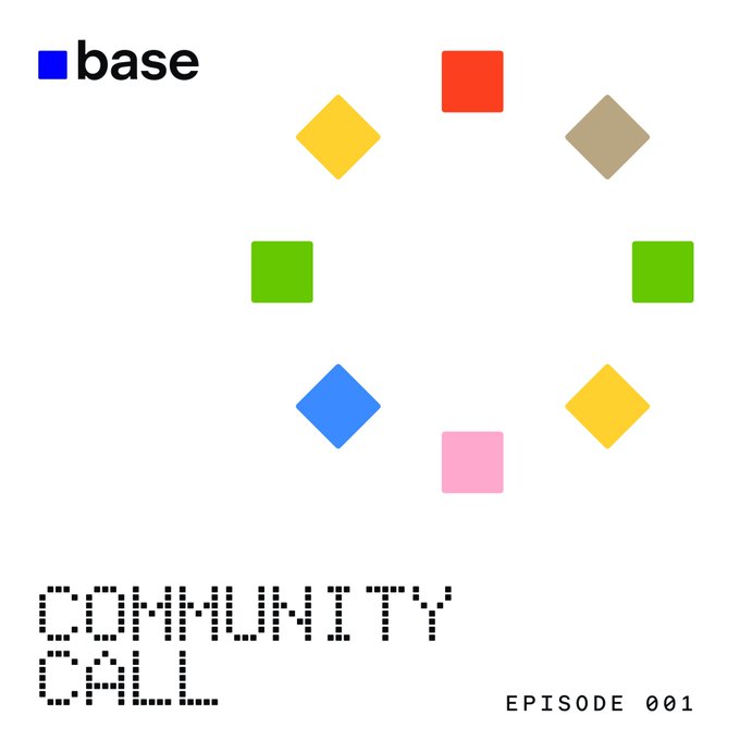 A graphic for a 'COMMUNITY CALL EPISODE 001' features colorful pixel-art squares arranged in a circular pattern alongside the 'base' logo.