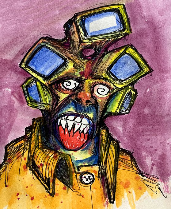 A dark, grotesque watercolor and ink illustration of a monstrous humanoid face with three TV monitors for hair, wide swirling eyes, and a mouth full of sharp teeth with a red tongue.