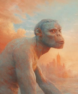 This painting, "I. Birth of Luci" by Sam Spratt, depicts an ape-like figure with a cityscape in the background, representative of its inclusion in The Medici Collection and its connection to FEWOCiOUS.