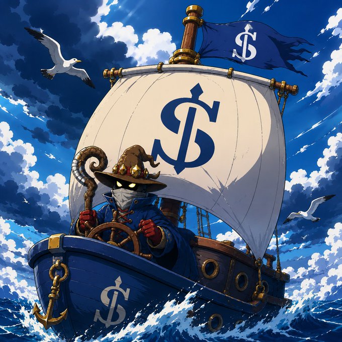 A masked pirate captain in a blue hat grips the wheel of a sailing ship emblazoned with a stylized "SJ" monogram on its white sail and flag, soaring across choppy seas beneath a dramatic cloudy sky. The nautical, treasure-hunting aesthetic reinforces the post's call for discovering strong, alpha-worthy communities to join the limited-spots DM collaboration.