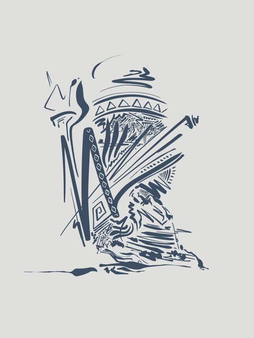 The image features a stylized, monochromatic line-art illustration of an anthropomorphic creature playing a stringed instrument, blending tribal and geometric patterns that evoke ancient or ceremonial themes—fitting the "Relic" title shared by the artist @circo on the Tezos-based objkt.com NFT platform.