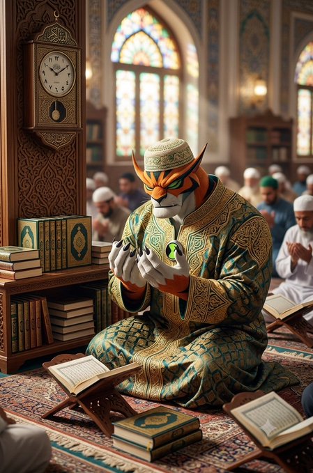 An AI-generated illustration of an anthropomorphic fox character wearing ornate green Islamic robes, sitting in a mosque reading a book alongside other worshippers.