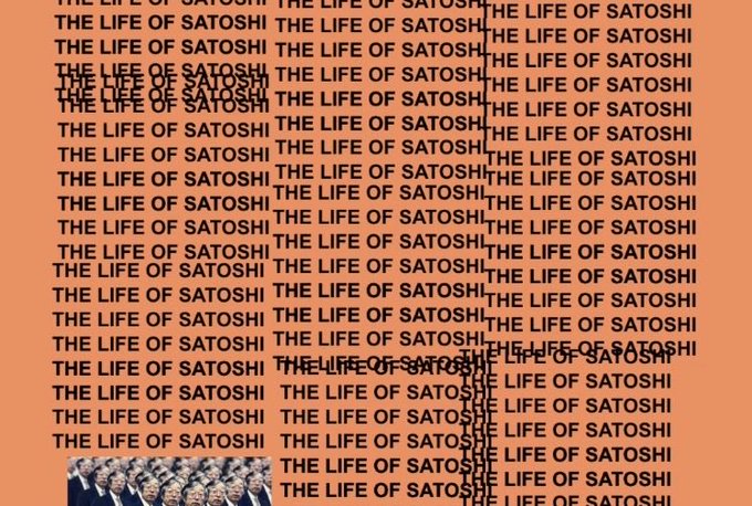 A graphic design featuring 'THE LIFE OF SATOSHI' repeated in black text on a tan background, with a row of identical figures along the bottom left edge.