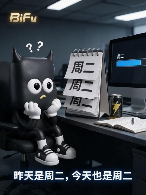 Cartoon image of a confused black horned character sitting at a desk looking at a calendar showing '周二' (Tuesday) on multiple days, with Chinese text at the bottom and 'BiFu' in the top left.