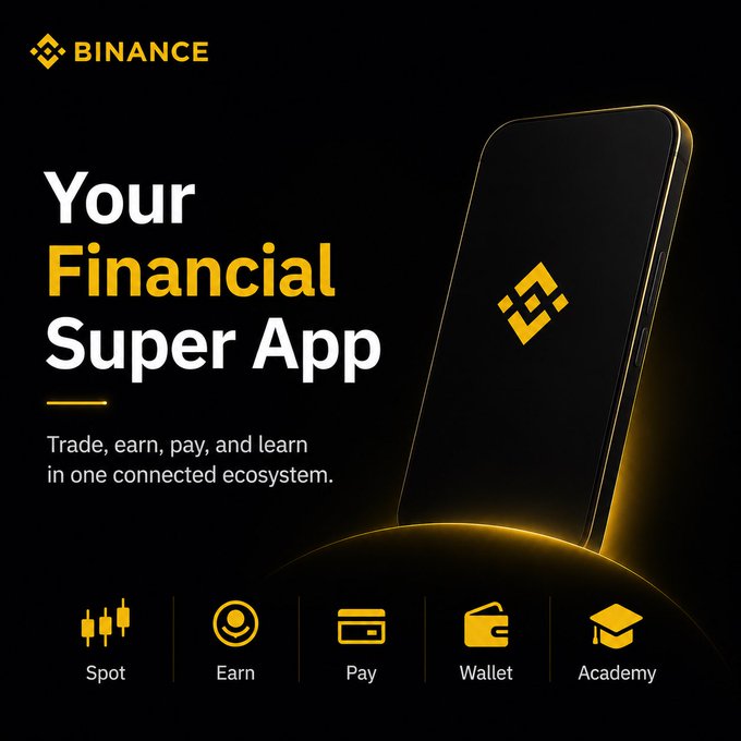 A promotional graphic for Binance branding it as "Your Financial Super App," featuring a smartphone displaying the Binance logo alongside five service icons labeled Spot, Earn, Pay, Wallet, and Academy, with the tagline "Trade, earn, pay, and learn in one connected ecosystem."

The image visually reinforces the post's message by illustrating Binance's evolution into an integrated platform where trading, earning, payments, wallet management, and educational tools operate as a unified ecosystem rather than isolated features.