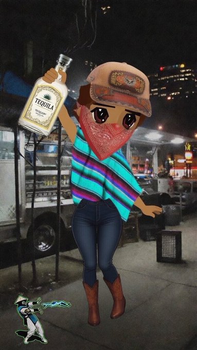 The image features a cartoon girl with a bandana around her head holding a bottle of tequila. She appears to be standing on a sidewalk, possibly at a bar or a party. The caption for the image reads "rimos Arriba, abajo, al centro, y pa' dentro! Take drink! We're trading on @OrbisOnSOL". This suggests that there is an event happening nearby and people are enjoying themselves with drinks like tequila.