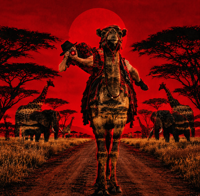 A dramatic red-toned savanna illustration shows a camel carrying a rider, surrounded by giraffes, elephants, acacia trees, and a large sun.
