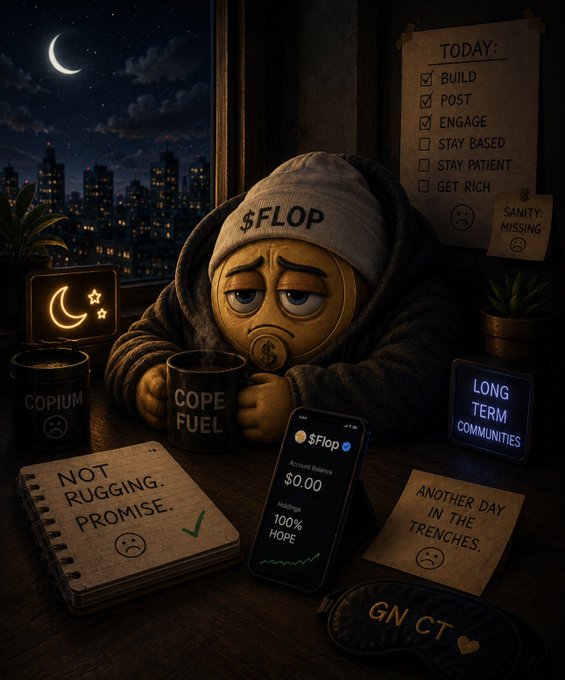 A weary cartoon coin wearing a "$FLOP" beanie sits slumped over a mug labeled "COPE FUEL," surrounded by reminders like "100% HOPE," "NOT RUGGING. PROMISE.," and a phone showing a $0.00 balance for $Flop — perfectly capturing the late-night grind of "another day in the trenches" as the caption suggests, finding quiet resolve to show up for the community despite the charts and fatigue.