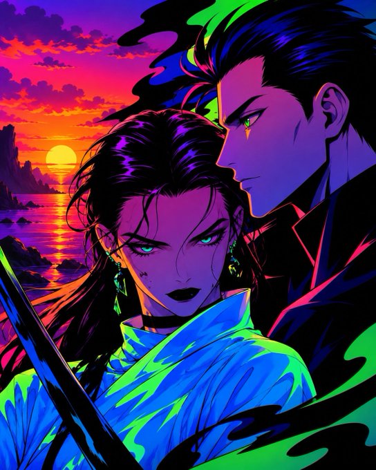 A vibrant neon-colored anime-style illustration depicts a dark-haired female warrior in a blue kimono holding a sword, with a dark-haired male figure in the background against a purple and orange sunset.