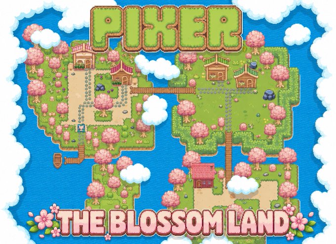 A pixel art style game map titled 'PIXER' at the top and 'THE BLOSSOM LAND' at the bottom, featuring green terrain dotted with pink cherry blossom trees, houses, bridges, and clouds.