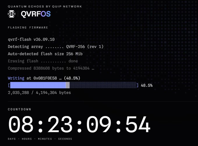 A dark-themed firmware flashing screen showing QVRF-OS by Quip Network, with a progress bar at 48.5% and a countdown of 08:23:09:54.