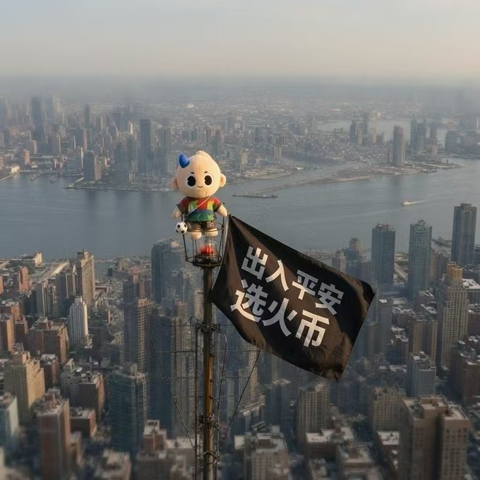 The image shows a cute cartoon mascot with a blue tuft of hair standing atop a transmission tower high above a city skyline, holding a black flag with Chinese text reading "出入平安 选火币" (meaning "Safe in and out, choose Huobi"). This visually reinforces the post's concern about BitMart's collapse and users' stuck liquidity by contrasting it with a humorous endorsement of the competing Huobi exchange as a safer alternative.