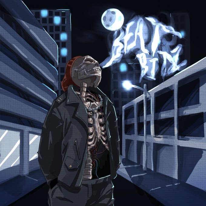 An illustrated skeleton in a beanie and jacket exhaling smoke that forms the text 'SEE U BTW' against a nighttime cityscape backdrop.