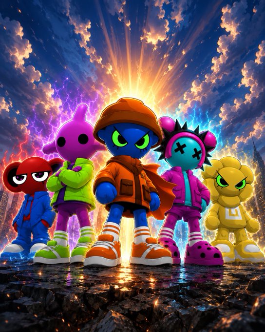 A vibrant digital artwork featuring five stylized, colorful cartoon characters standing together against a dramatic sky with lightning, including a blue figure in an orange hat in the center.