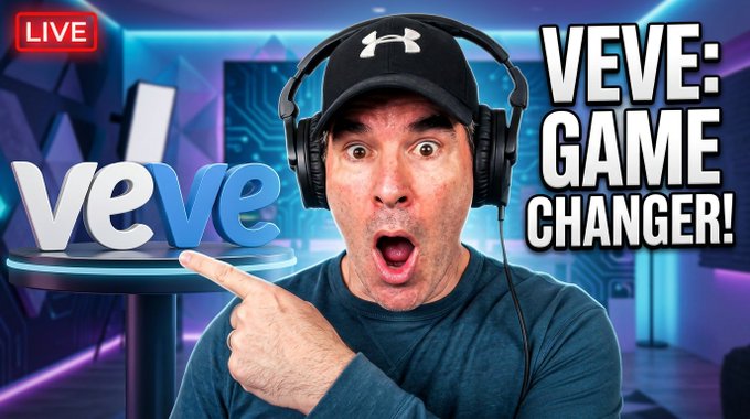 A man wearing a black Under Armour cap and headphones makes an excited expression while pointing at a glowing "veve" logo, with "LIVE," "VEVE: GAME CHANGER!" text overlaying a tech-themed background, promoting a livestream discussion about VeVe, RarityX vs Securitize, and the host's new studio.
