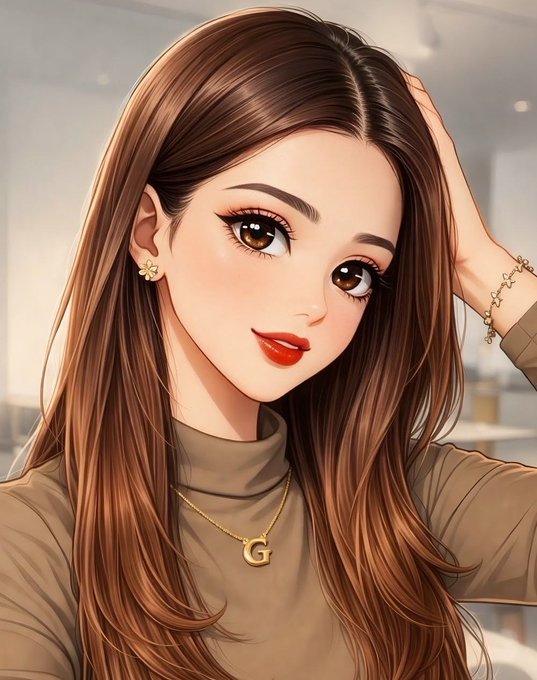 A stylized digital illustration shows a young woman with long brown hair, wearing a tan turtleneck, gold floral earrings, a delicate bracelet, and a gold "G" pendant necklace, with her hand resting in her hair.

The image appears to be a personal avatar or profile picture shared in an evening update about ongoing work with @quipnetwork, @TheARCTERMINAL, and @useTria, though it has no direct visual connection to these blockchain/Web3 projects.
