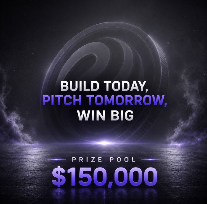 A promotional graphic reading 'BUILD TODAY, PITCH TOMORROW, WIN BIG' with a 'PRIZE POOL $150,000' displayed against a purple cosmic background.