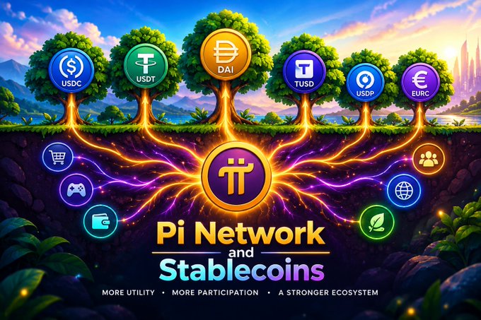 A colorful digital illustration promoting 'Pi Network and Stablecoins' showing trees with cryptocurrency coin icons (USDC, USDT, DAI, TUSD, USDP, EURC) and a central Pi Network logo with energy-like roots connecting to various utility icons.