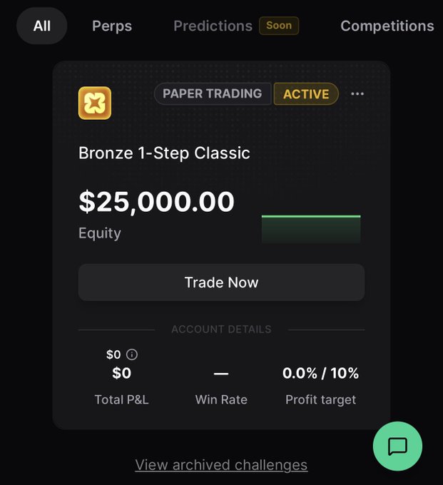 A screenshot of the Propr trading app showing a $25,000 Bronze 1-Step Classic paper trading challenge that is currently active, with $0 total P&L, 0% win rate, and a 10% profit target. The image illustrates the post's claim about starting a fresh $25k challenge using the ONEMILLION discount code.
